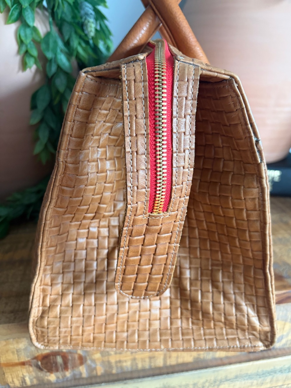 Clare V. Woven Leather Satchel Handbag in Cognac - Picture 6 of 13